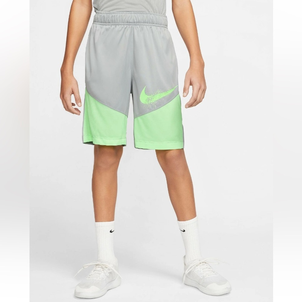 Nike Boy's Graphic Dri-Fit Training Shorts Kids Small Gray/ Green CJ7811-077